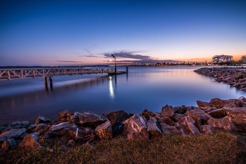 A photo of a jetty after sunset in Redcliffe, Queensland.